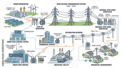 A detailed diagram showing the modern electrical power grid system