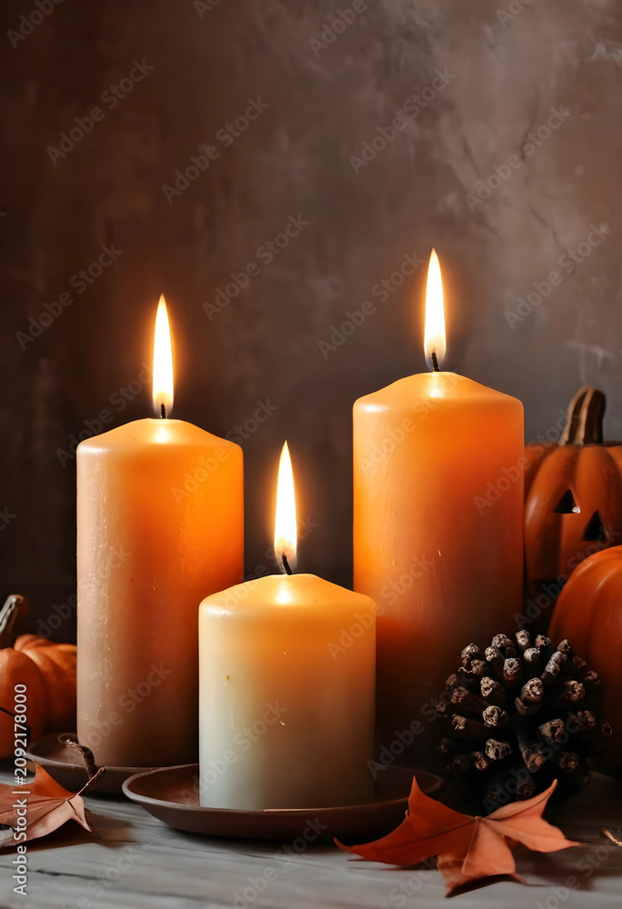 Fototapeta premium Three lit autumn candles with Halloween pumpkins and pine cone