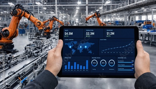 Engineer using tablet dashboard in smart factory with robotic automation system for industrial production monitoring, manufacturing analytics, and operational data management.