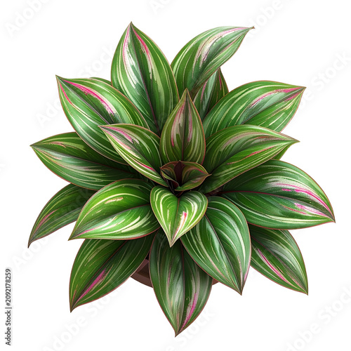 Top View of Green and Pink Variegated Cordyline Plant on White Background