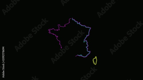 Neon Outline Map of France and Corsica on Dark Background