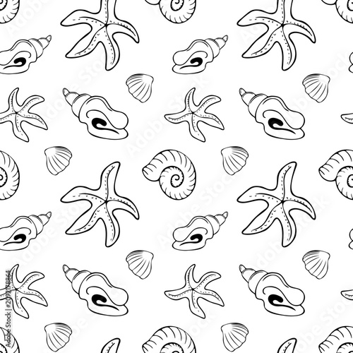 Seamless seashell pattern featuring hand drawn black line art seashells and starfish. Clean minimalist monochrome conch, clam, nautilus shells, perfect for modern coastal and nautical designs.