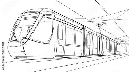 Modern tram sketch on white background.