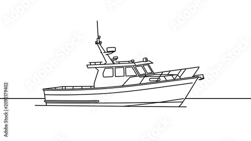 Fishing boat line art illustration white background.