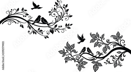 Bild auf Leinwand Decorative Bird Silhouettes on Floral Branches with Ornamental Nature Vector Col