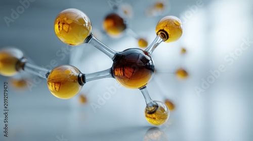 Abstract molecular model with connected amber liquid spheres