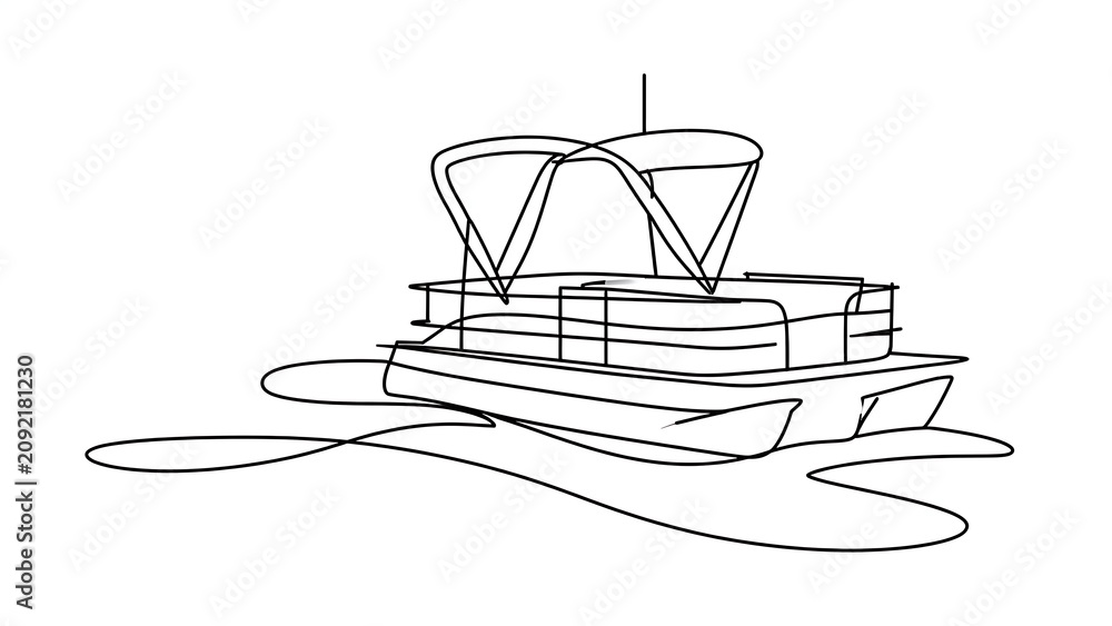 Fototapeta premium Pontoon boat line drawing on white background.