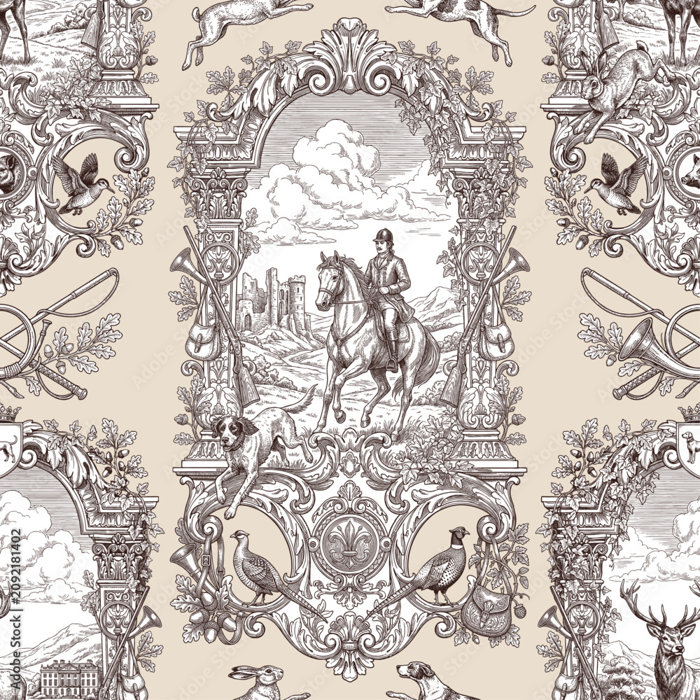 Obraz premium Seamless vector pattern with traditional European hunting motifs. Vintage engraving style illustration.