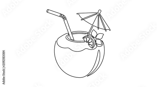 Continuous line art of a tropical coconut drink with an umbrella