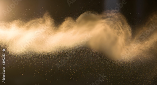 Golden dust cloud swirling in the air against a dark background