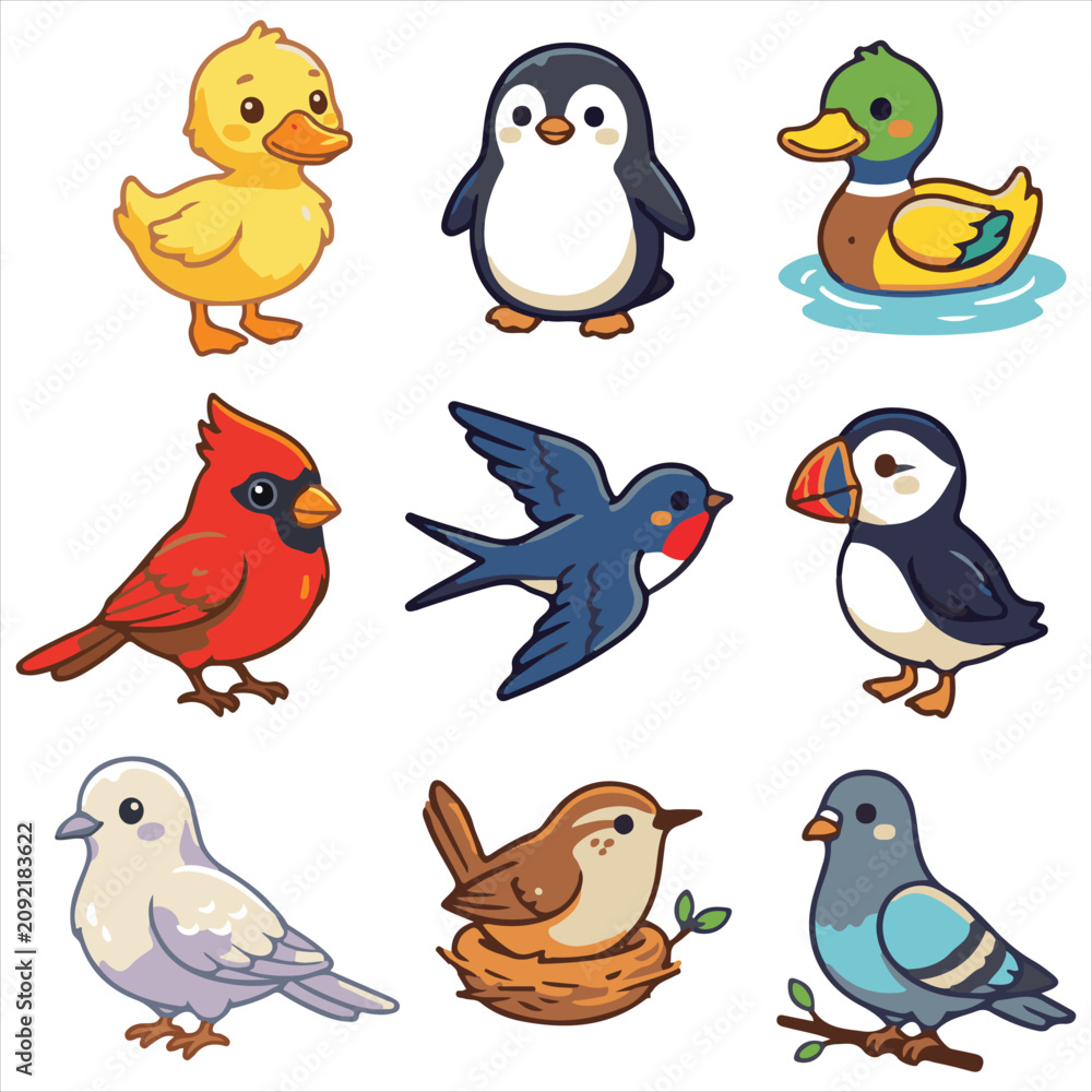 Fototapeta premium Cute Cartoon Birds Flat Design Vector Collection