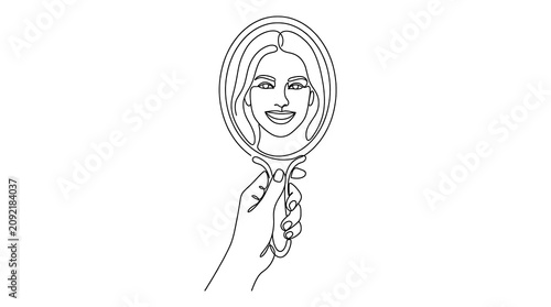 Continuous line drawing of a woman smiling in a hand mirror reflection