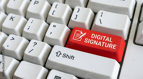 Digital Signature Keyboard Button – Electronic Signature, Secure Authentication and Digital Document Signing Concept