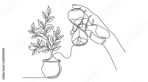 Continuous line drawing of hand with hourglass and growing plant