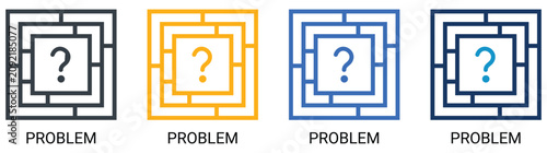 Business problem and corporate strategic challenge solid icon set, question mark inside square labyrinth maze path, financial crisis solution planning vector.
