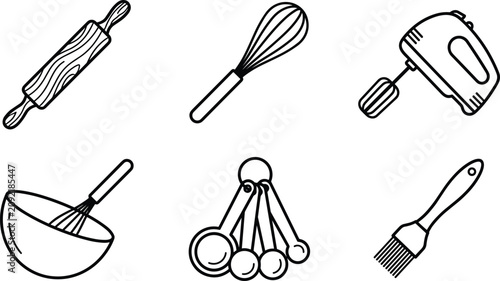 Foto Baking Tool and Pastry Utensil Line Icon Set Featuring Rolling Pin Whisk Electri