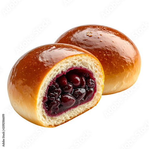 Two Sweet Brioche Buns with Red Cherry Jam Filling Isolated on White