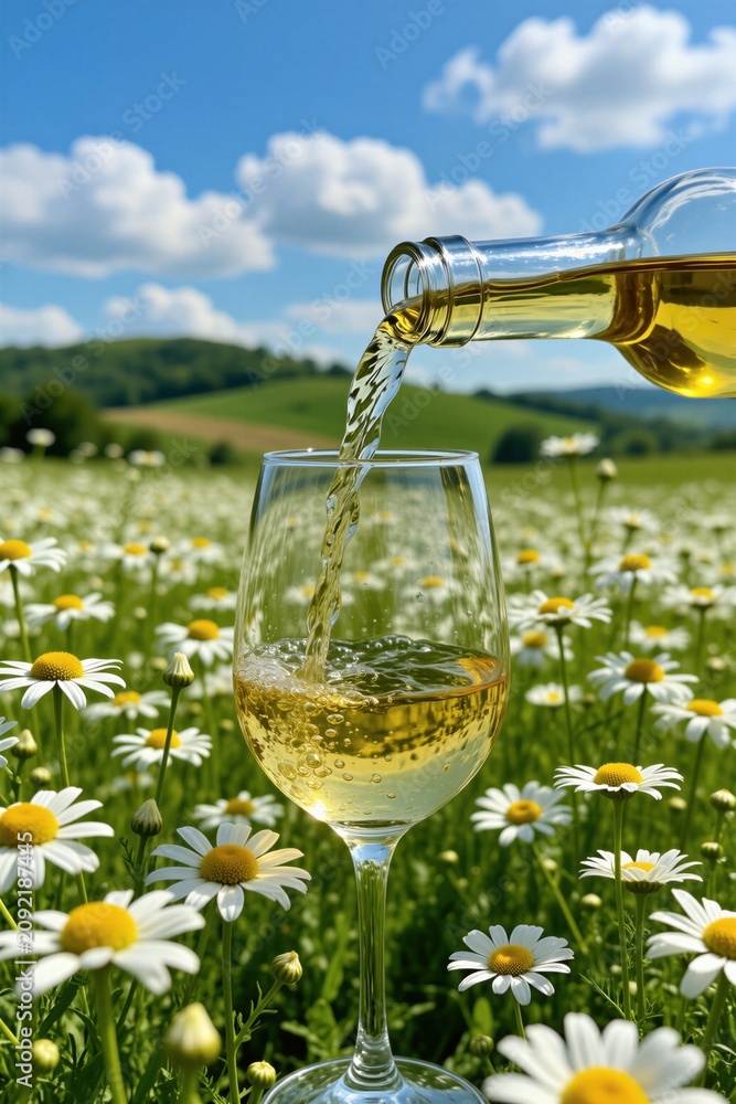 Obraz premium White wine pours into a glass amid a field of daisies under a blue sky. Beverage refreshment in nature, outdoor summer setting with floral landscape. Alcohol enjoyment in scenic plants.