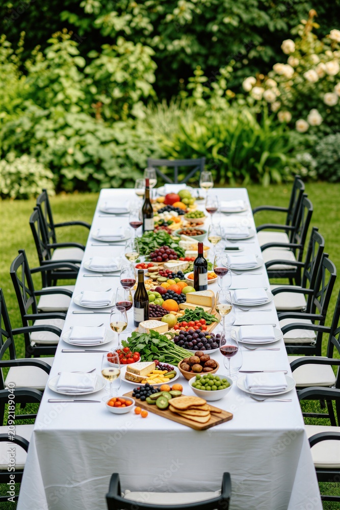 Fototapeta premium Long table set for outdoor garden party. White tablecloth covers table with plates glasses wine cheese fruit. Plants lush chairs surround the space. Guests anticipate meal.