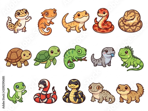 Cute cartoon reptiles and amphibians illustration set