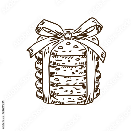Vintage sketch of sweet chocolate chip cookies stacked with a ribbon bow