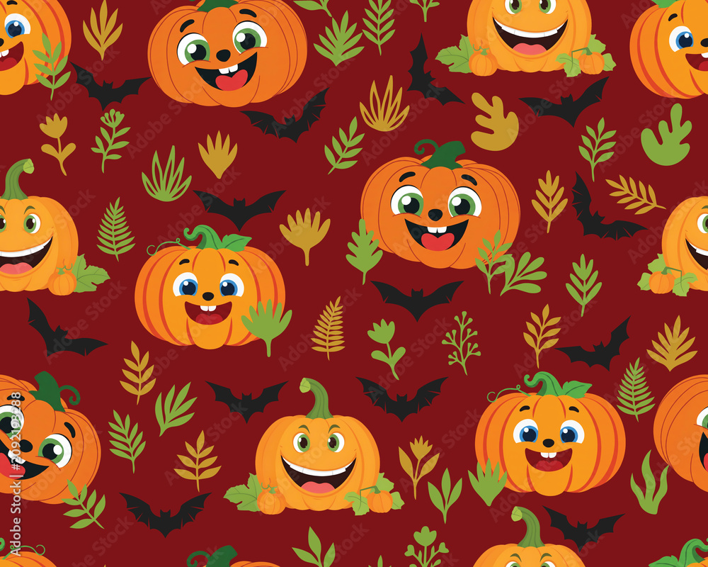 Fototapeta premium Cute halloween pumpkin seamless pattern with smiling Jack O Lanterns, bats and autumn leaves