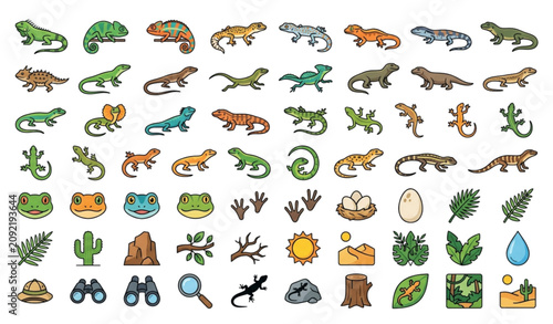 Bild auf Leinwand Flat Lizard Icons Collection Chameleon and Iguana Vector Set