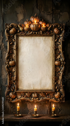 Ornate halloween pumpkin frame with candles spooky fall decor for invitations