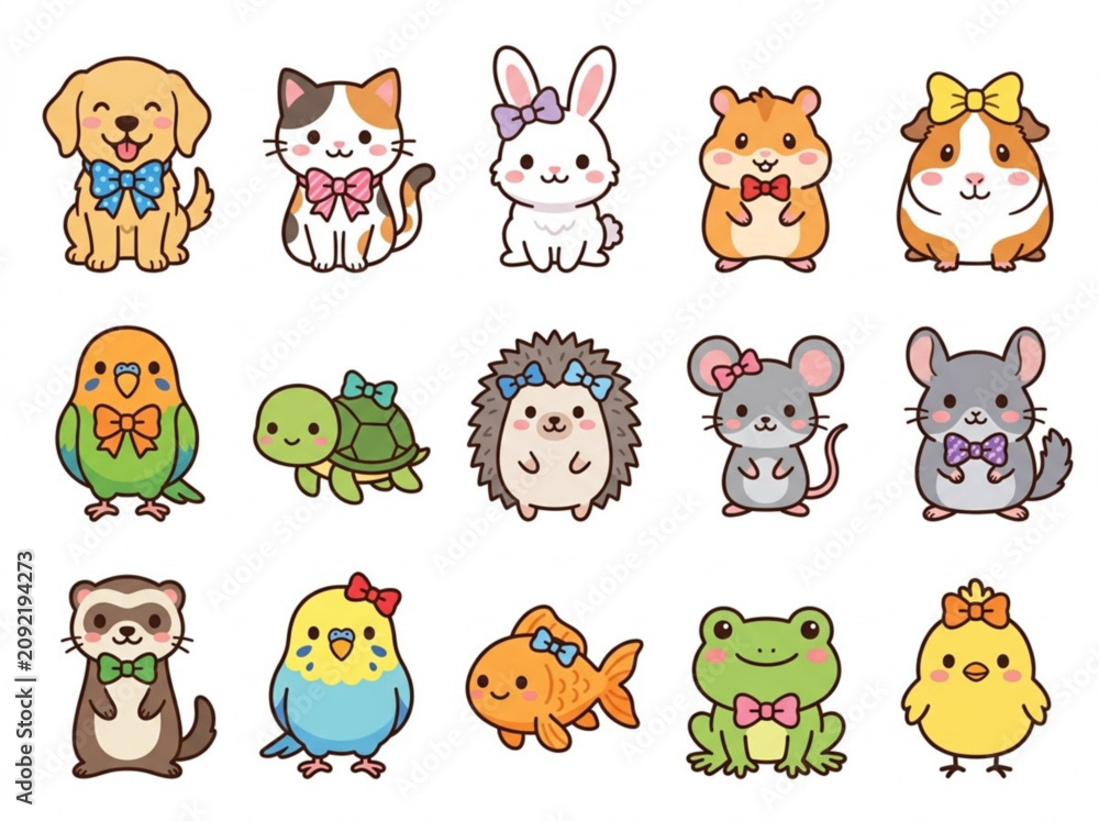 Fototapeta premium Kawaii animal stickers with bows on white background