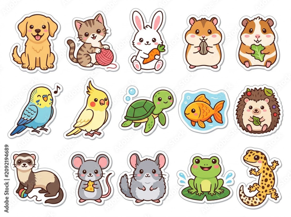 Obraz premium Cute cartoon animal stickers featuring a variety of pets and wildlife