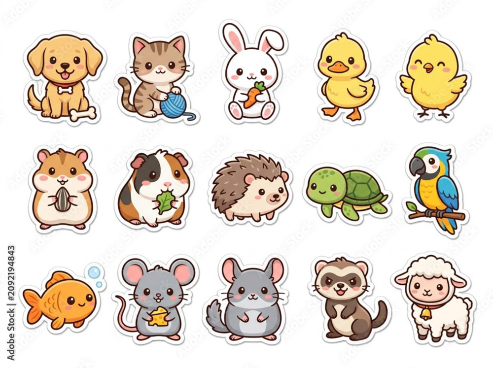 Obraz premium Cute cartoon animal stickers featuring a variety of pets and wildlife