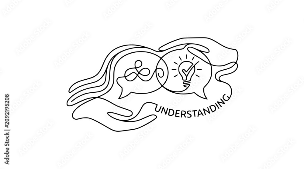 Fototapeta premium Continuous Line Art Hands Holding Speech Bubbles with Lightbulb and Understanding Text