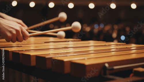 Detailed shot of a percussionist playing a wooden marimba with mallets during a musical concert performance