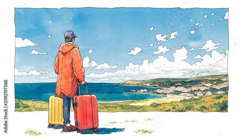 Obraz na płótnie 旅先へ向かう準備を整える旅人と旅行かばんの手描き水彩風イラスト、スーツケース、トランク、バックパック、旅行、観光、海外旅行、国内旅行、出発、到着、空港、駅、ホテル、宿泊、旅支度、荷物整理、ひとり旅、家族旅行、長期滞在、留学、出張、移住、休日、休暇、バカンス、冒険、自由、人物、全身、余白、シンプル、挿絵、広告、ポスター、チラシ、バナー、SNS、商用利用、素材向け、旅行素材、観光素材、予約サイト、資料