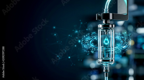 Advanced digital IV drip with biometric security ring ensuring robust Healthcare Cyber Security and network privacy for patient data in futuristic hospital cloud environment