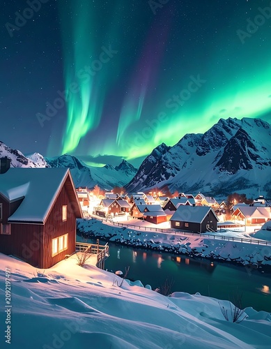 Snowy village under green aurora borealis.