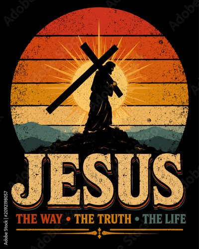Jesus Carrying the Cross at Sunset with Retro Christian Faith Typography