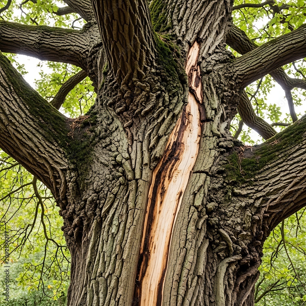 Fototapeta premium Ancient Tree Trunk with Split Bark in Green Forest Canopy