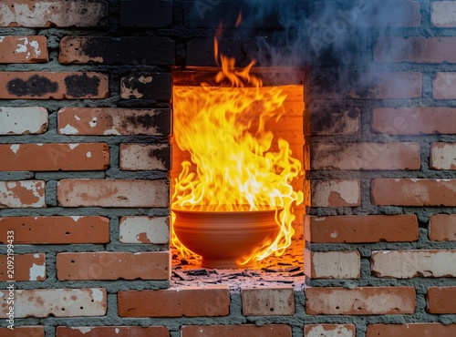 Ceramic bowl is fired inside brick kiln with bright orange flames. Smoke rises from the hot oven, showing earthenware creation process. Heat and light emanate from the chamber.