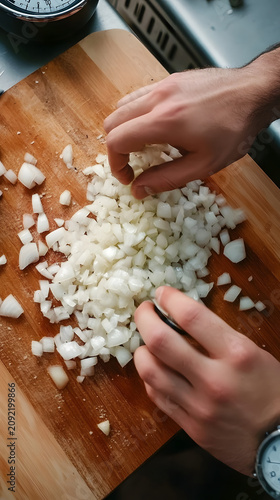 Chef hands chop white onions on a wooden cutting board to prepare fresh ingredients for a gourmet meal in a professional kitchen setting.