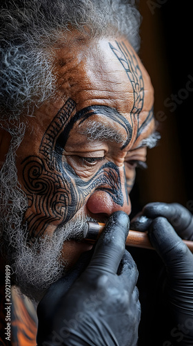 Tattoo artist wearing black gloves carefully applies ink to a man's face to complete a complex traditional tribal design with a specialized tool.