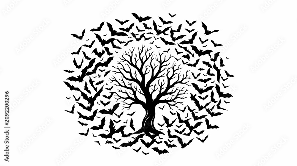 Fototapeta premium Halloween event Black silhouette Tree, birds, flock, silhouette, nature, wildlife, vector icon isolated on White Background eps