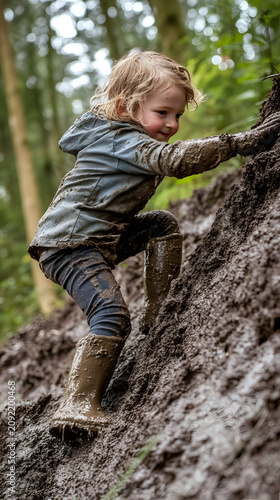 Child with messy hair and mud-stained clothing struggles to ascend a steep, slippery dirt slope within a dense woodland area.
