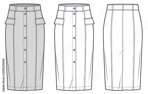 Women Utility Midi Skirt Fashion Flat Technical Drawing Template, Silver Grey, Front and Back View with Outline, Skirt CAD Mockup