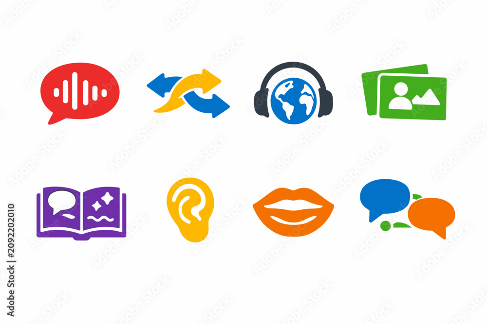 Εκτύπωση καμβά Language learning icons set, colorful communication and education vector symbols