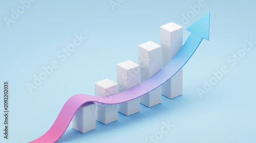 Creative business growth concept featuring an ascending bar chart with a sweeping upward arrow, symbolizing financial success, revenue growth, investment, strategic planning and long term expansion