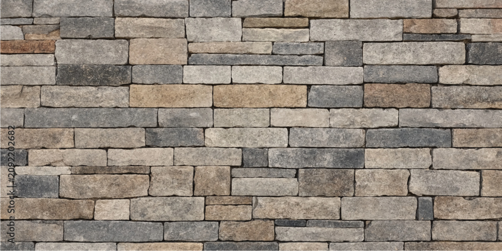 Fototapeta premium Gray beige light brown stone brick wall surface texture background with staggered pattern design for construction architecture projects