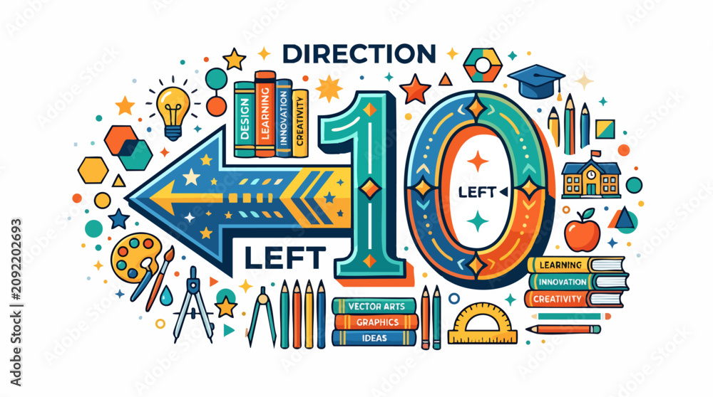 Fototapeta premium Direction to Success: A vibrant illustration showcasing a journey towards knowledge and achievement, with symbols of education, creativity, and direction guiding the way.