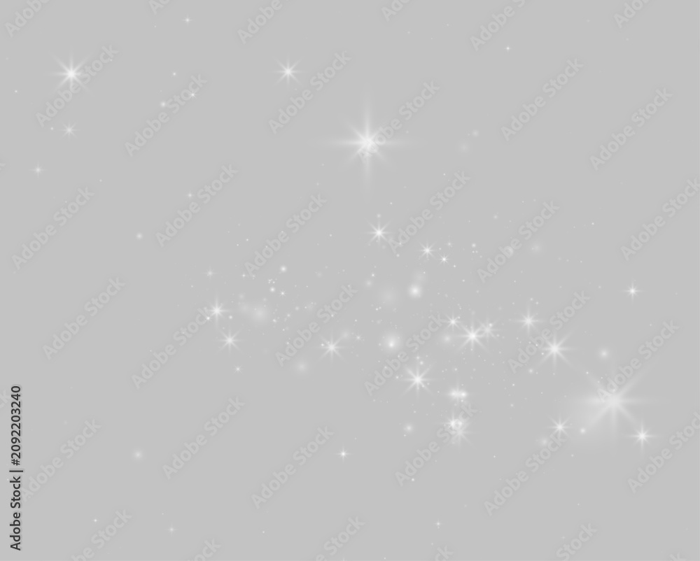 Fototapeta premium White sparkling dust drifts gently with luminous shimmer and graceful glowing details. Tiny glitter adds elegant winter charm. Perfect for transparent vector.