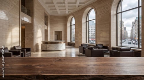Dark wooden tabletop surface in front of blurred luxury office lobby for product showcase and commercial banner use.